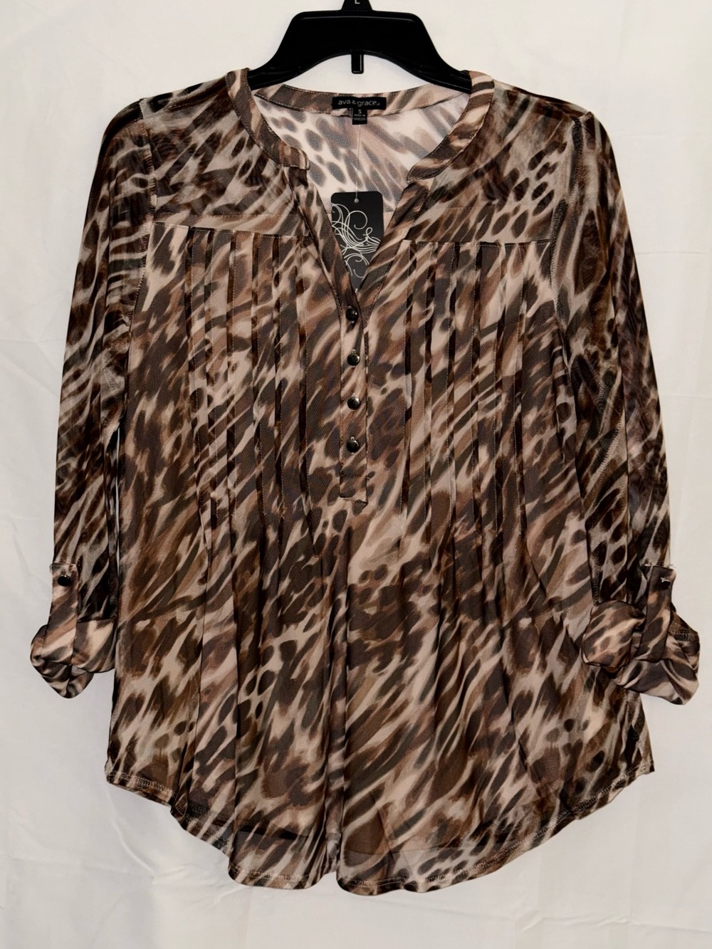 NWT Ava & Grace Brown Sheer Animal Print Pleated Blouse Size Small